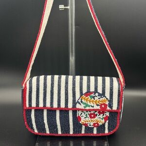 Anthropologie Fiona Beaded Baseball Shoulder Bag - Navy, White & Red